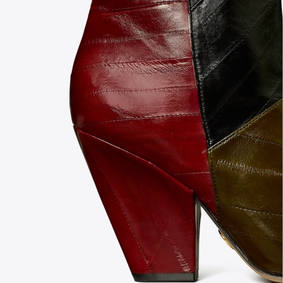 TORY BURCH LILA EEL LEATHER ANKLE BOOTIE OLIVE/BLK/WINE 90MM HEEL SIZE US 8, 8.5 - Picture 5 of 8